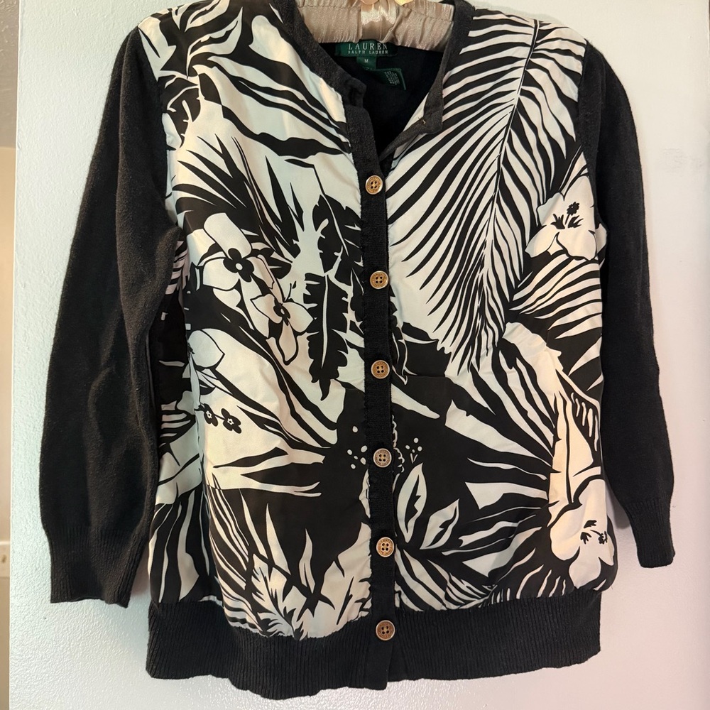 Lauren Ralph Lauren Women’s M Silk Front Blouse Cardigan Black White Floral